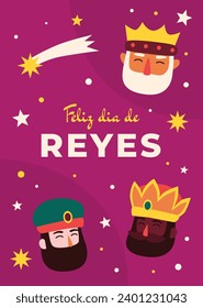 Los Reyes Magos ( Translation - Three Wise Men ). Happy epiphany day. January 6. Nativity of Jesus. Cartoon Vector illustration Template design for Poster, Banner, Flyer, Greeting, Card, Cover, Post.