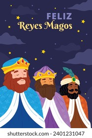 Los Reyes Magos ( Translation - Three Wise Men ). Happy epiphany day. January 6. Nativity of Jesus. Cartoon Vector illustration Template design for Poster, Banner, Flyer, Greeting, Card, Cover, Post.