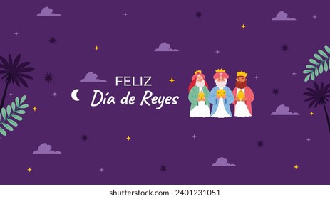 Los Reyes Magos ( Translation - Three Wise Men ). Happy epiphany day. January 6. Nativity of Jesus. Cartoon Vector illustration Template design for Poster, Banner, Flyer, Greeting, Card, Cover, Post.