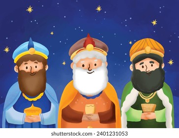 Los Reyes Magos ( Translation - Three Wise Men ). Happy epiphany day. January 6. Nativity of Jesus. Cartoon Vector illustration Template design for Poster, Banner, Flyer, Greeting, Card, Cover, Post.