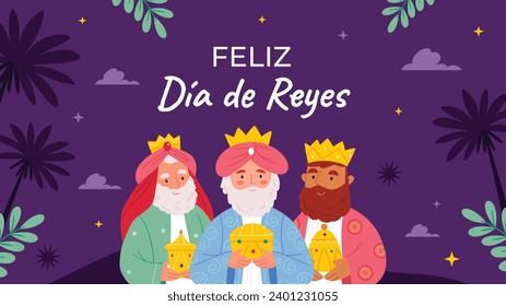 Los Reyes Magos ( Translation - Three Wise Men ). Happy epiphany day. January 6. Nativity of Jesus. Cartoon Vector illustration Template design for Poster, Banner, Flyer, Greeting, Card, Cover, Post.