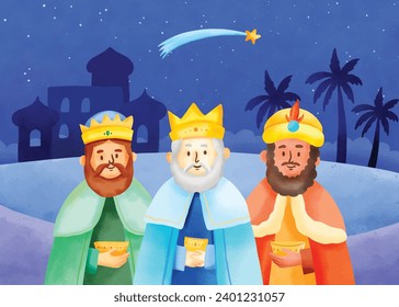 Los Reyes Magos ( Translation - Three Wise Men ). Happy epiphany day. January 6. Nativity of Jesus. Cartoon Vector illustration Template design for Poster, Banner, Flyer, Greeting, Card, Cover, Post.