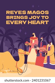 Los Reyes Magos ( Translation - Three Wise Men ). Happy epiphany day. January 6. Nativity of Jesus. Cartoon Vector illustration Template design for Poster, Banner, Flyer, Greeting, Card, Cover, Post.