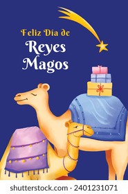 Los Reyes Magos ( Translation - Three Wise Men ). Happy epiphany day. January 6. Nativity of Jesus. Cartoon Vector illustration Template design for Poster, Banner, Flyer, Greeting, Card, Cover, Post.