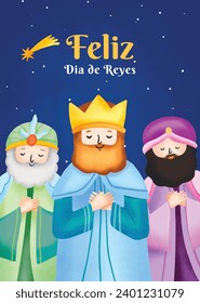 Los Reyes Magos ( Translation - Three Wise Men ). Happy epiphany day. January 6. Nativity of Jesus. Cartoon Vector illustration Template design for Poster, Banner, Flyer, Greeting, Card, Cover, Post.