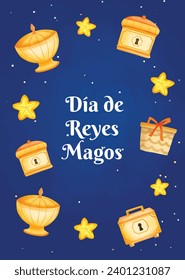 Los Reyes Magos ( Translation - Three Wise Men ). Happy epiphany day. January 6. Nativity of Jesus. Cartoon Vector illustration Template design for Poster, Banner, Flyer, Greeting, Card, Cover, Post.