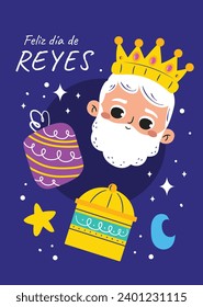 Los Reyes Magos ( Translation - Three Wise Men ). Happy epiphany day. January 6. Nativity of Jesus. Cartoon Vector illustration Template design for Poster, Banner, Flyer, Greeting, Card, Cover, Post.