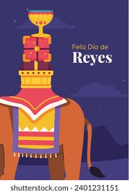 Los Reyes Magos ( Translation - Three Wise Men ). Happy epiphany day. January 6. Nativity of Jesus. Cartoon Vector illustration Template design for Poster, Banner, Flyer, Greeting, Card, Cover, Post.