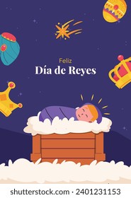 Los Reyes Magos ( Translation - Three Wise Men ). Happy epiphany day. January 6. Nativity of Jesus. Cartoon Vector illustration Template design for Poster, Banner, Flyer, Greeting, Card, Cover, Post.