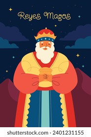 Los Reyes Magos ( Translation - Three Wise Men ). Happy epiphany day. January 6. Nativity of Jesus. Cartoon Vector illustration Template design for Poster, Banner, Flyer, Greeting, Card, Cover, Post.