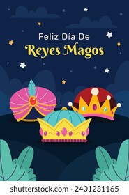 Los Reyes Magos ( Translation - Three Wise Men ). Happy epiphany day. January 6. Nativity of Jesus. Cartoon Vector illustration Template design for Poster, Banner, Flyer, Greeting, Card, Cover, Post.