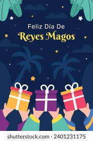 Los Reyes Magos ( Translation - Three Wise Men ). Happy epiphany day. January 6. Nativity of Jesus. Cartoon Vector illustration Template design for Poster, Banner, Flyer, Greeting, Card, Cover, Post.