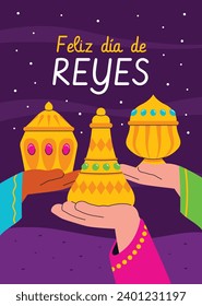 Los Reyes Magos ( Translation - Three Wise Men ). Happy epiphany day. January 6. Nativity of Jesus. Cartoon Vector illustration Template design for Poster, Banner, Flyer, Greeting, Card, Cover, Post.