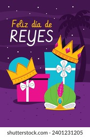 Los Reyes Magos ( Translation - Three Wise Men ). Happy epiphany day. January 6. Nativity of Jesus. Cartoon Vector illustration Template design for Poster, Banner, Flyer, Greeting, Card, Cover, Post.