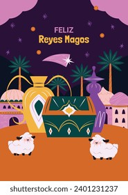 Los Reyes Magos ( Translation - Three Wise Men ). Happy epiphany day. January 6. Nativity of Jesus. Cartoon Vector illustration Template design for Poster, Banner, Flyer, Greeting, Card, Cover, Post.