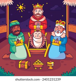 Los Reyes Magos ( Translation - Three Wise Men ). Happy epiphany day. January 6. Nativity of Jesus. Cartoon Vector illustration Template design for Poster, Banner, Flyer, Greeting, Card, Cover, Post.