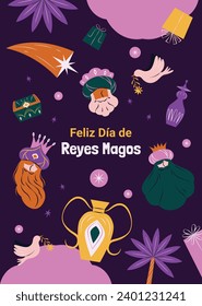 Los Reyes Magos ( Translation - Three Wise Men ). Happy epiphany day. January 6. Nativity of Jesus. Cartoon Vector illustration Template design for Poster, Banner, Flyer, Greeting, Card, Cover, Post.