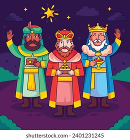 Los Reyes Magos ( Translation - Three Wise Men ). Happy epiphany day. January 6. Nativity of Jesus. Cartoon Vector illustration Template design for Poster, Banner, Flyer, Greeting, Card, Cover, Post.