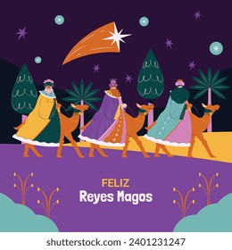 Los Reyes Magos ( Translation - Three Wise Men ). Happy epiphany day. January 6. Nativity of Jesus. Cartoon Vector illustration Template design for Poster, Banner, Flyer, Greeting, Card, Cover, Post.