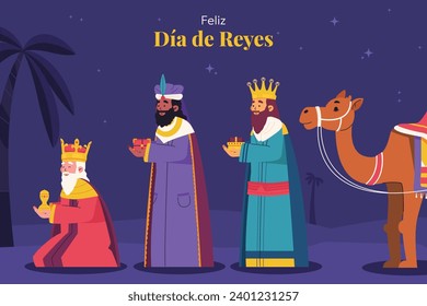 Los Reyes Magos ( Translation - Three Wise Men ). Happy epiphany day. January 6. Nativity of Jesus. Cartoon Vector illustration Template design for Poster, Banner, Flyer, Greeting, Card, Cover, Post.