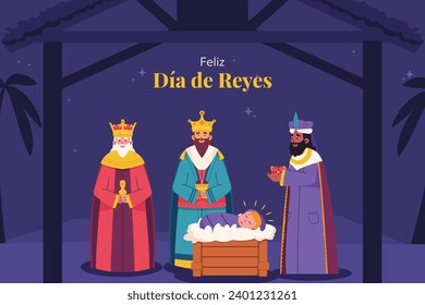 Los Reyes Magos ( Translation - Three Wise Men ). Happy epiphany day. January 6. Nativity of Jesus. Cartoon Vector illustration Template design for Poster, Banner, Flyer, Greeting, Card, Cover, Post.