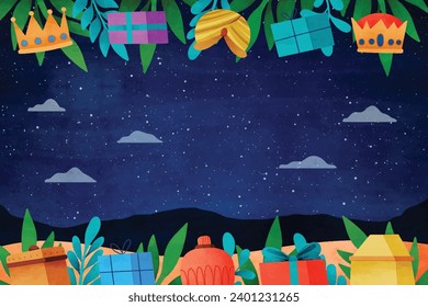 Los Reyes Magos ( Translation - Three Wise Men ). Happy epiphany day. January 6. Nativity of Jesus. Cartoon Vector illustration Template design for Poster, Banner, Flyer, Greeting, Card, Cover, Post.