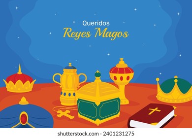 Los Reyes Magos ( Translation - Three Wise Men ). Happy epiphany day. January 6. Nativity of Jesus. Cartoon Vector illustration Template design for Poster, Banner, Flyer, Greeting, Card, Cover, Post.