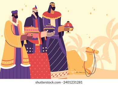 Los Reyes Magos ( Translation - Three Wise Men ). Happy epiphany day. January 6. Nativity of Jesus. Cartoon Vector illustration Template design for Poster, Banner, Flyer, Greeting, Card, Cover, Post.