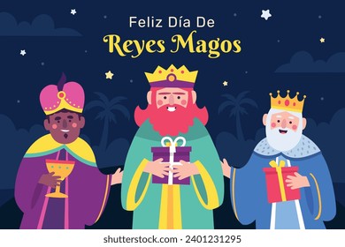 Los Reyes Magos ( Translation - Three Wise Men ). Happy epiphany day. January 6. Nativity of Jesus. Cartoon Vector illustration Template design for Poster, Banner, Flyer, Greeting, Card, Cover, Post.