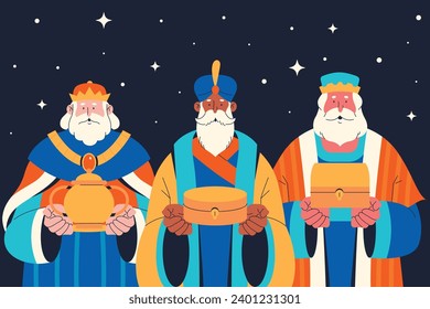 Los Reyes Magos ( Translation - Three Wise Men ). Happy epiphany day. January 6. Nativity of Jesus. Cartoon Vector illustration Template design for Poster, Banner, Flyer, Greeting, Card, Cover, Post.