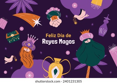 Los Reyes Magos ( Translation - Three Wise Men ). Happy epiphany day. January 6. Nativity of Jesus. Cartoon Vector illustration Template design for Poster, Banner, Flyer, Greeting, Card, Cover, Post.