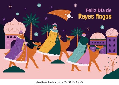 Los Reyes Magos ( Translation - Three Wise Men ). Happy epiphany day. January 6. Nativity of Jesus. Cartoon Vector illustration Template design for Poster, Banner, Flyer, Greeting, Card, Cover, Post.