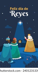 Los Reyes Magos ( Translation - Three Wise Men ). Happy epiphany day. January 6. Nativity of Jesus. Cartoon Vector illustration Template design for Poster, Banner, Flyer, Greeting, Card, Cover, Post.