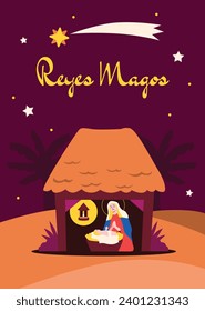 Los Reyes Magos ( Translation - Three Wise Men ). Happy epiphany day. January 6. Nativity of Jesus. Cartoon Vector illustration Template design for Poster, Banner, Flyer, Greeting, Card, Cover, Post.