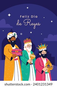 Los Reyes Magos ( Translation - Three Wise Men ). Happy epiphany day. January 6. Nativity of Jesus. Cartoon Vector illustration Template design for Poster, Banner, Flyer, Greeting, Card, Cover, Post.