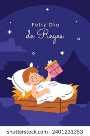 Los Reyes Magos ( Translation - Three Wise Men ). Happy epiphany day. January 6. Nativity of Jesus. Cartoon Vector illustration Template design for Poster, Banner, Flyer, Greeting, Card, Cover, Post.