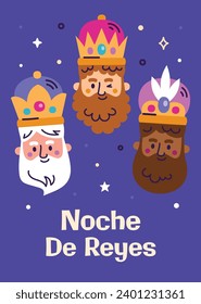Los Reyes Magos ( Translation - Three Wise Men ). Happy epiphany day. January 6. Nativity of Jesus. Cartoon Vector illustration Template design for Poster, Banner, Flyer, Greeting, Card, Cover, Post.