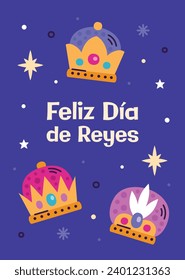 Los Reyes Magos ( Translation - Three Wise Men ). Happy epiphany day. January 6. Nativity of Jesus. Cartoon Vector illustration Template design for Poster, Banner, Flyer, Greeting, Card, Cover, Post.