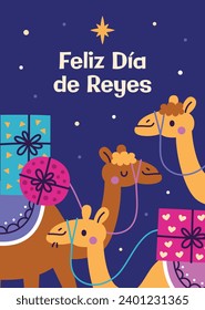 Los Reyes Magos ( Translation - Three Wise Men ). Happy epiphany day. January 6. Nativity of Jesus. Cartoon Vector illustration Template design for Poster, Banner, Flyer, Greeting, Card, Cover, Post.