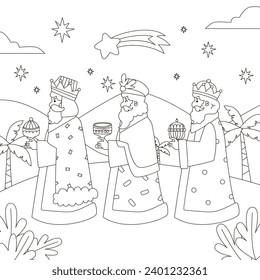 Los Reyes Magos ( Translation - Three Wise Men ). Happy epiphany day. January 6. Nativity of Jesus. Cartoon Vector illustration Template design for Poster, Banner, Flyer, Greeting, Card, Cover, Post.