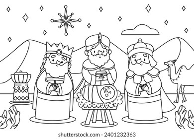 Los Reyes Magos. Feliz día de la epifanía. 6 de enero. Natividad de Jesús. Ilustración de vectores de caricatura Diseño de plantilla para afiches, pancartas, volantes, saludo, tarjeta, cubierta, publicación.