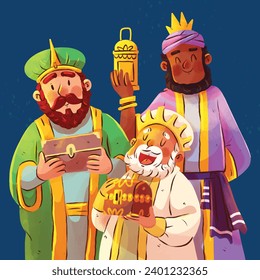 Los Reyes Magos ( Translation - Three Wise Men ). Happy epiphany day. January 6. Nativity of Jesus. Cartoon Vector illustration Template design for Poster, Banner, Flyer, Greeting, Card, Cover, Post.