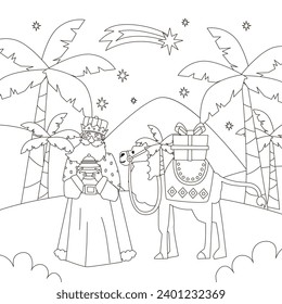Los Reyes Magos ( Translation - Three Wise Men ). Happy epiphany day. January 6. Nativity of Jesus. Cartoon Vector illustration Template design for Poster, Banner, Flyer, Greeting, Card, Cover, Post.