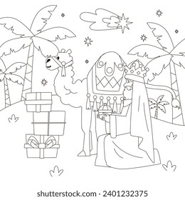 Los Reyes Magos ( Translation - Three Wise Men ). Happy epiphany day. January 6. Nativity of Jesus. Cartoon Vector illustration Template design for Poster, Banner, Flyer, Greeting, Card, Cover, Post.
