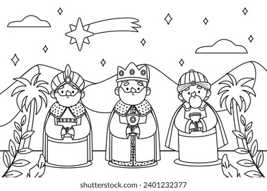 Los Reyes Magos. Feliz día de la epifanía. 6 de enero. Natividad de Jesús. Ilustración de vectores de caricatura Diseño de plantilla para afiches, pancartas, volantes, saludo, tarjeta, cubierta, publicación.