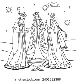 Los Reyes Magos ( Translation - Three Wise Men ). Happy epiphany day. January 6. Nativity of Jesus. Cartoon Vector illustration Template design for Poster, Banner, Flyer, Greeting, Card, Cover, Post.