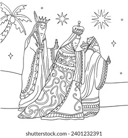 Los Reyes Magos ( Translation - Three Wise Men ). Happy epiphany day. January 6. Nativity of Jesus. Cartoon Vector illustration Template design for Poster, Banner, Flyer, Greeting, Card, Cover, Post.