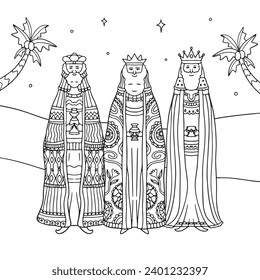 Los Reyes Magos ( Translation - Three Wise Men ). Happy epiphany day. January 6. Nativity of Jesus. Cartoon Vector illustration Template design for Poster, Banner, Flyer, Greeting, Card, Cover, Post.