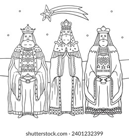 Los Reyes Magos ( Translation - Three Wise Men ). Happy epiphany day. January 6. Nativity of Jesus. Cartoon Vector illustration Template design for Poster, Banner, Flyer, Greeting, Card, Cover, Post.