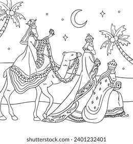 Los Reyes Magos ( Translation - Three Wise Men ). Happy epiphany day. January 6. Nativity of Jesus. Cartoon Vector illustration Template design for Poster, Banner, Flyer, Greeting, Card, Cover, Post.